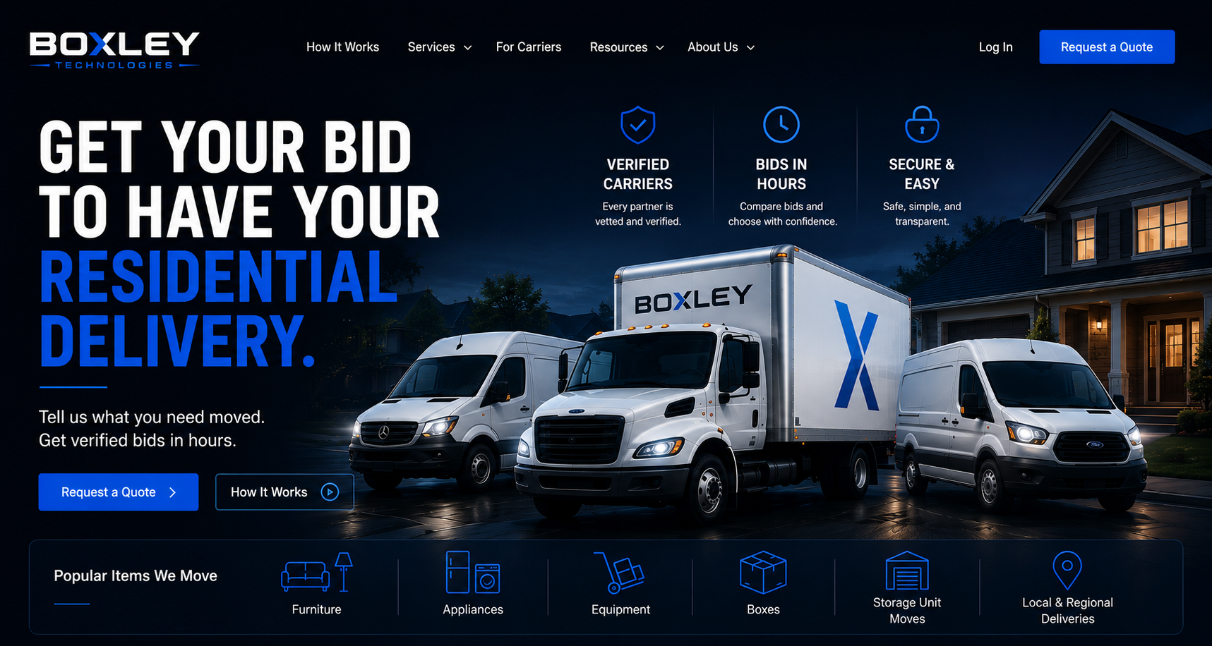 BOXLEY residential delivery — verified carriers bidding on a household delivery request